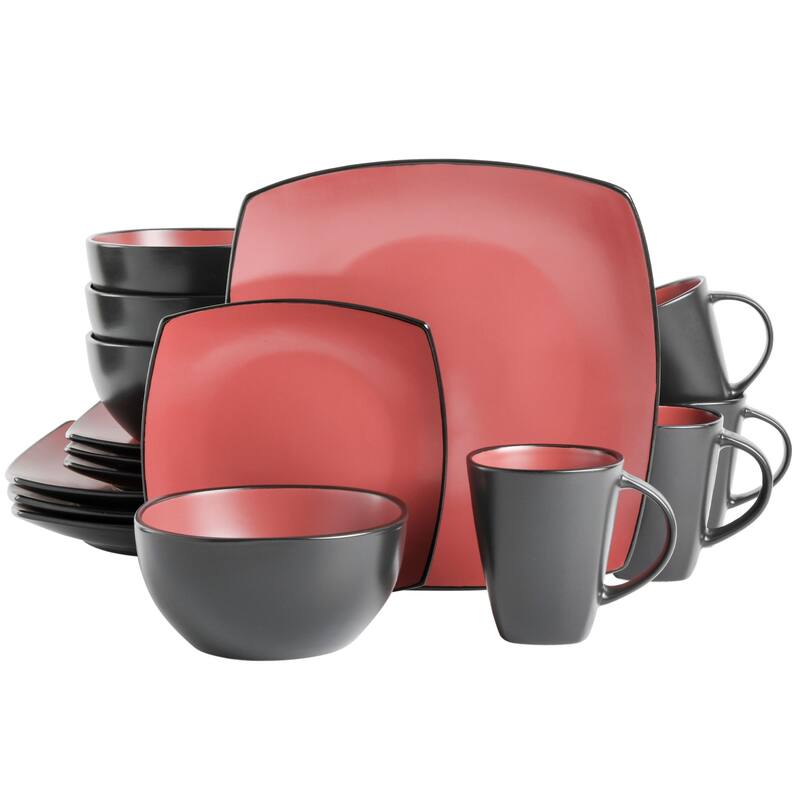 Gibson Soho Lounge Square 16-Piece Reactive Glaze Stoneware Dinnerware Set - Red/Black