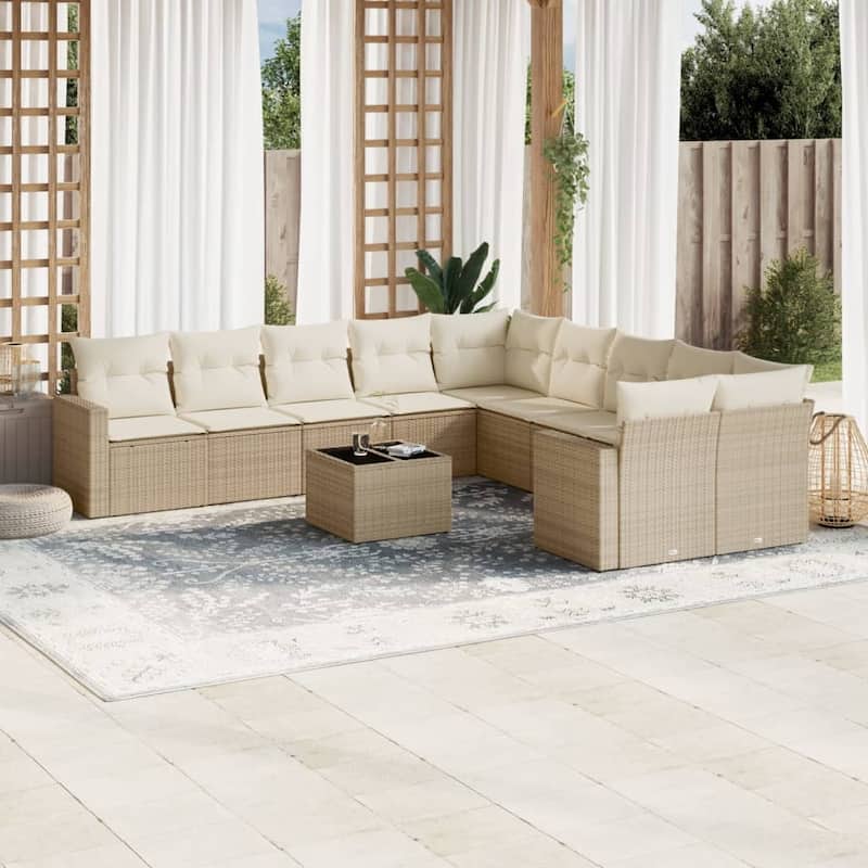 vidaXL Patio Sofa Set with Cushions Outdoor Conversation Furniture Poly Rattan - 21.7 x 21.7 x 14.6 - Beige 21.7 x 21.7 x 14.6 in
