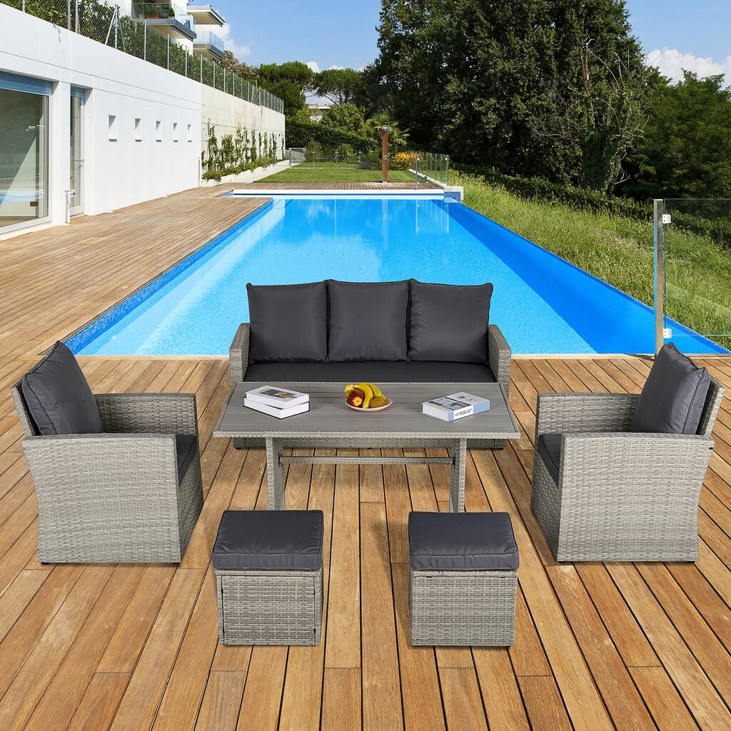 Outsunny 6 PCS Outdoor Patio Dining Table Sets All Weather PE Rattan Sofa Chair Furniture set Indoor Outdoor with Cushions