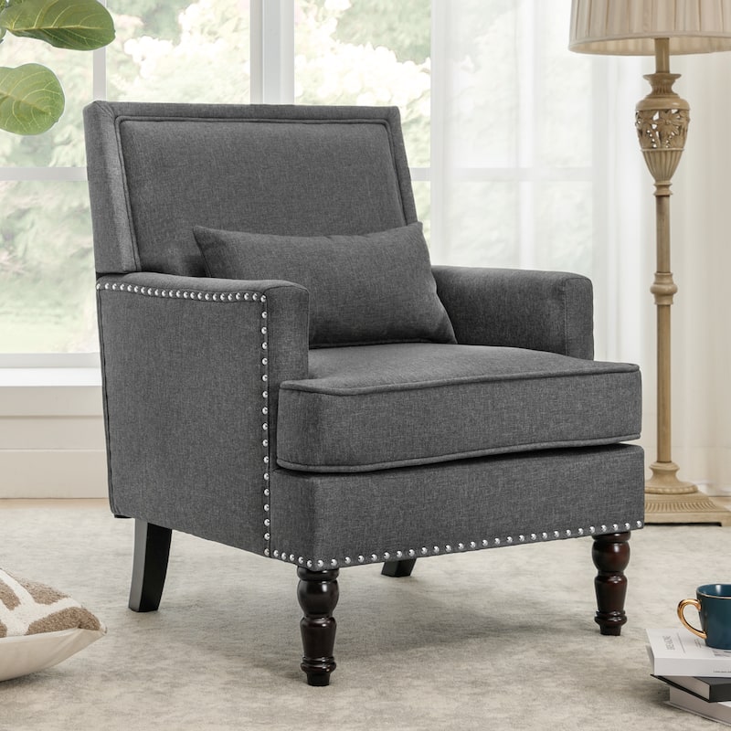 LUE BONA Linen Upholstered Modern Accent Chair Armchair with Pillow for Living Room - 25.6 in.W x 30.7 in.D x 35 in.H - Grey