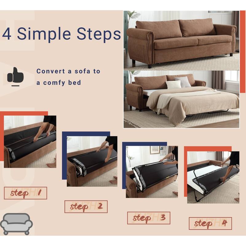 63″ Polyester 3-Seater Sleeper Sofa with Pull-Out Mattress & Retro Rivet Arms