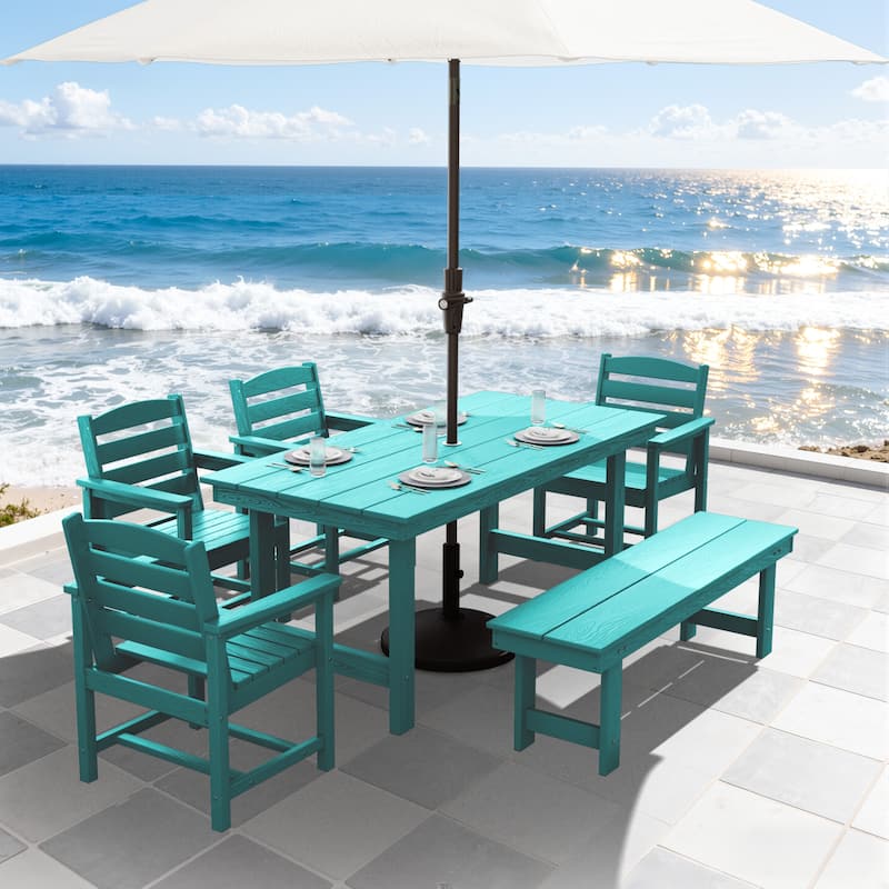 6-Piece HDPE Outdoor Dining Table Sets with Umbrella Hole - 1-Table 4-Chairs-1-Bench
