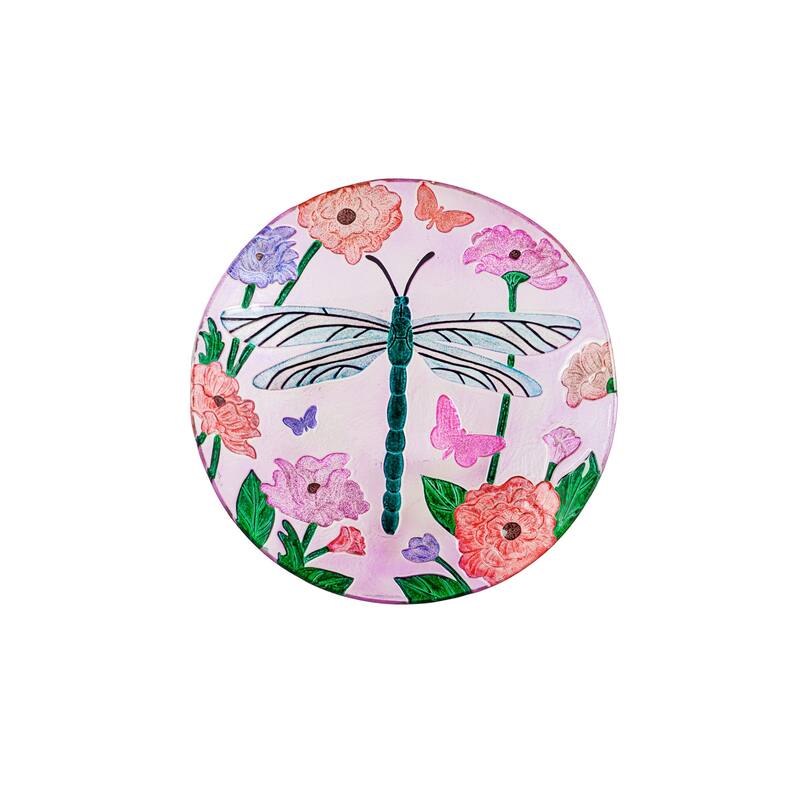 18" Glitter Hand Painted and Embossed Bird Bath, Dragonfly