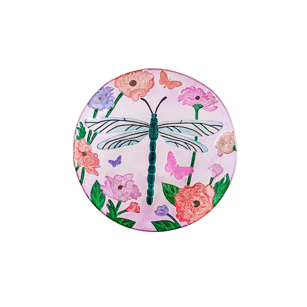 18" Glitter Hand Painted and Embossed Bird Bath, Dragonfly