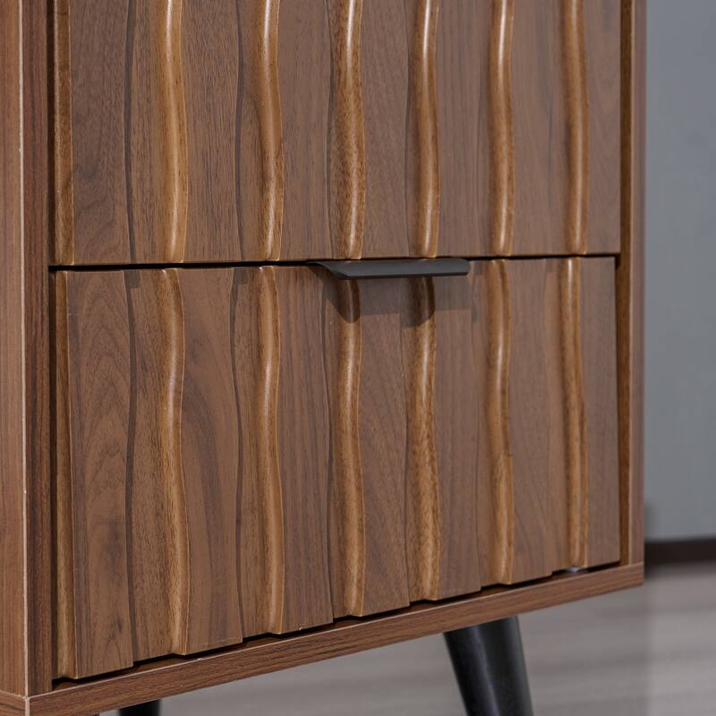 Mid-Century Modern Nightstand, Fluted End Table Drawer & Open Storage