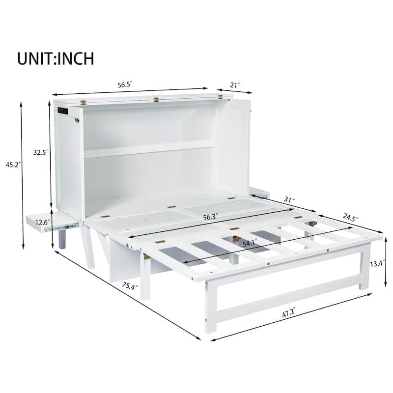Full Size Murphy Bed with USB Port and Removable Shelves on Each Side, Solid Pine Murphy Cabinet Bed for Home Office