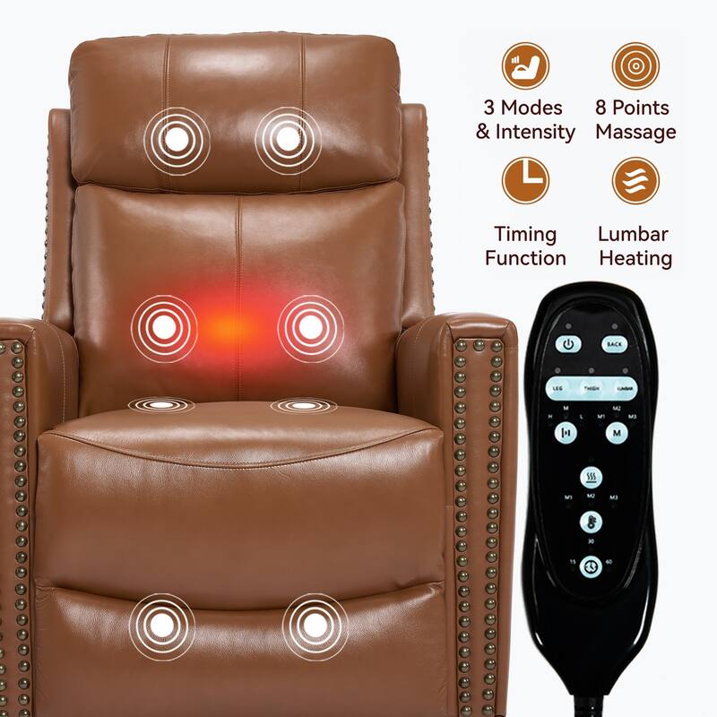 Deep Yellow Genuine Leather Heat Massage Manual Recliner Chair with Rocker and Swivel for Living Room