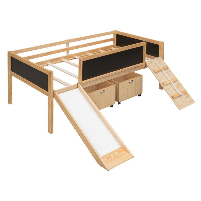 Twin Size Loft Bed with Three Blackboards, Two Storage Boxes, and Slide, Perfect for Kids' Bedroom Playtime