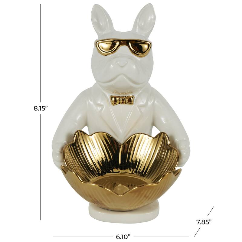 Ceramic Bulldog Decorative Sculpture with Gold Accents - Black or White - Roche River Decor