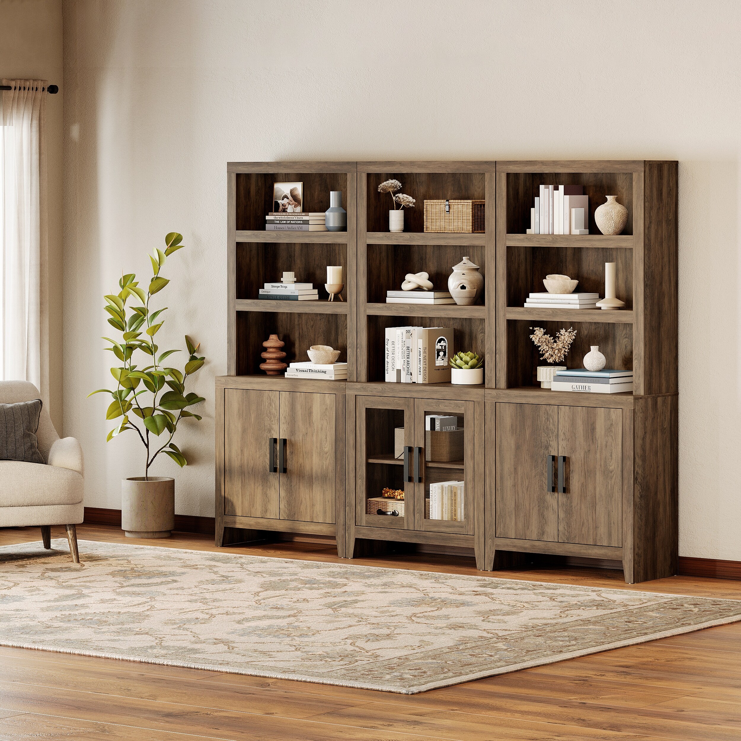WAMPAT Tall Bookshelf with Doors, Farmhouse Bookcase with Open