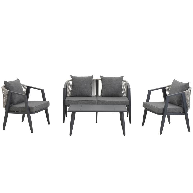 4-Piece Outdoor Iron Sofa Set with Coffee Table & Cushions