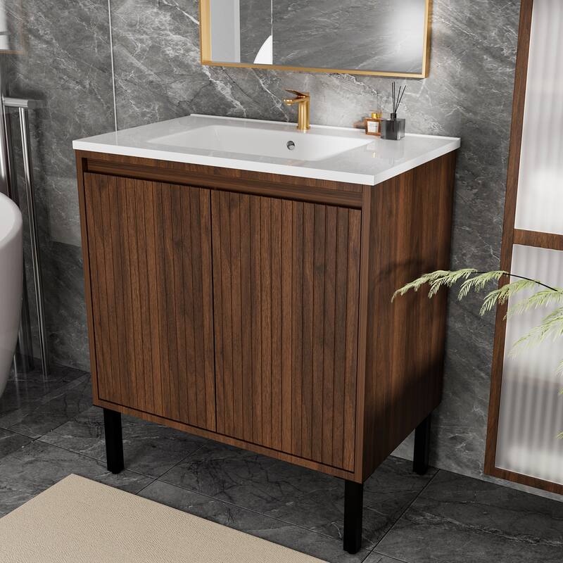 GDFStudio - Ari Modern Aesthetic Freestanding Bathroom Vanity with Ceramic Sink, Soft Close Drawers & Large Storage Spaces
