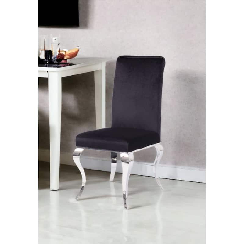 Set of 2 Black Upholstered Dining Chairs with Silver Stainless Steel Legs and Solid Back for Living Room - 40”H x 17”W x 20”D
