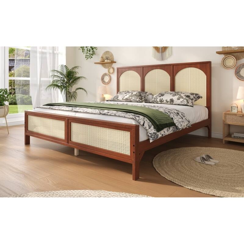 Roomfitters Queen/King Wood Platform Bed with Rattan Headboard and Footboard