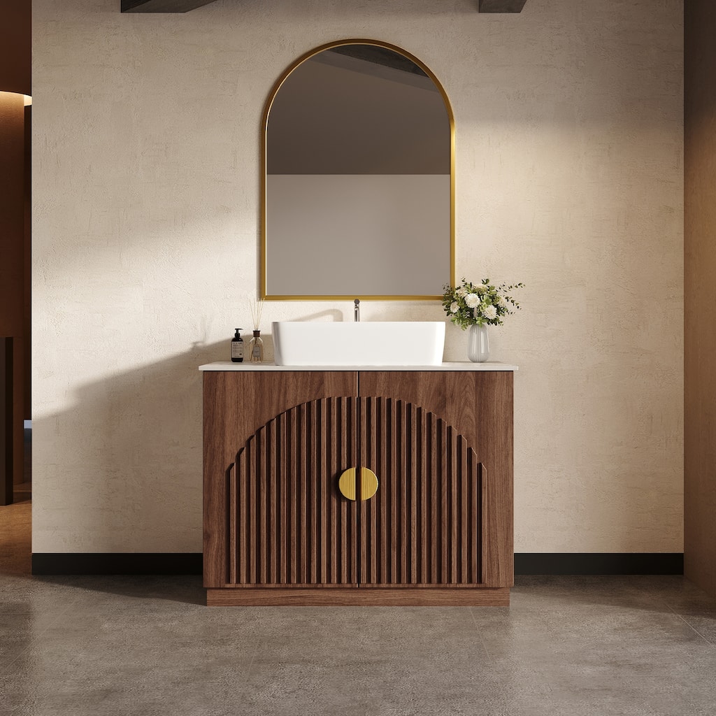 36" Mid - Century Modern Bathroom Vanity With Single Sink Grille Door & Gold Accents