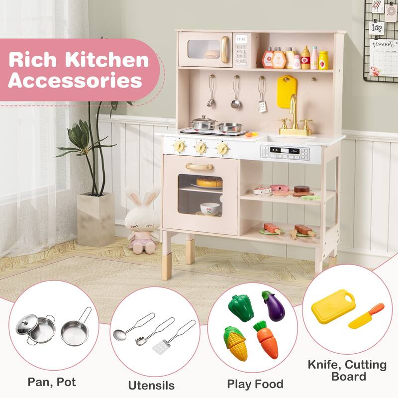 Gymax Height Adjustable Play Kitchen Wooden Kitchen Playset w/ Real