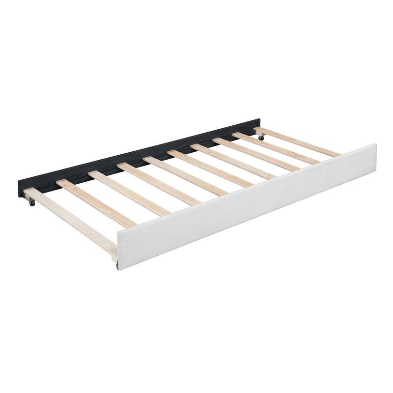 Upholstered Daybed with Twin Size Trundle, Twin Size inen Fabric Sofa Bed Frame with L-Shaped Headboard, No Box Spring Needed
