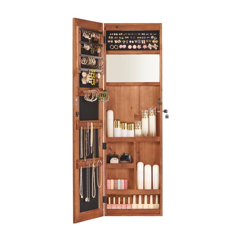 Solid Wood Jewelry Armoire Organizer Cabinet with Full-Length Mirror, 47.5x14.3 in Wall-Mounted Lockable with LED Light