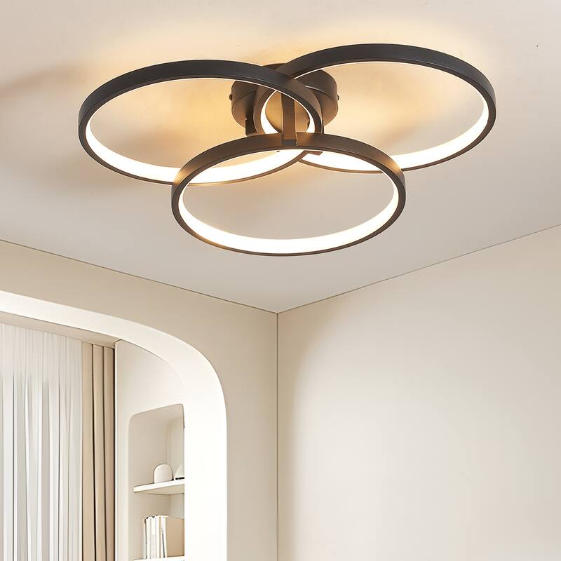 20" Modern LED Ceiling Light, 3-Ring Flush Mount Fixture - Black