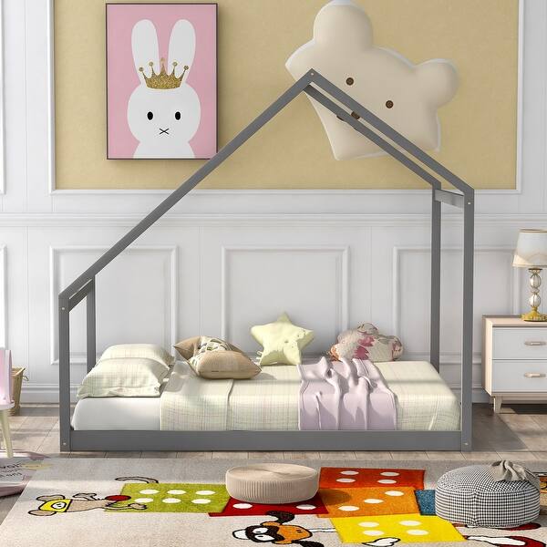 slide 2 of 8, Gray Full Size Solid Wood House Bed with Roof Full - Gray