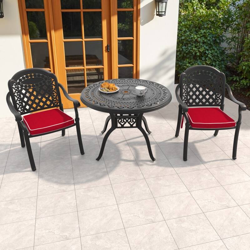 3/5-Piece Cast Aluminum Outdoor Dining Set with 39.37 in. Round Table and Seat Cushions - Black( 3-Piece Sets-B)