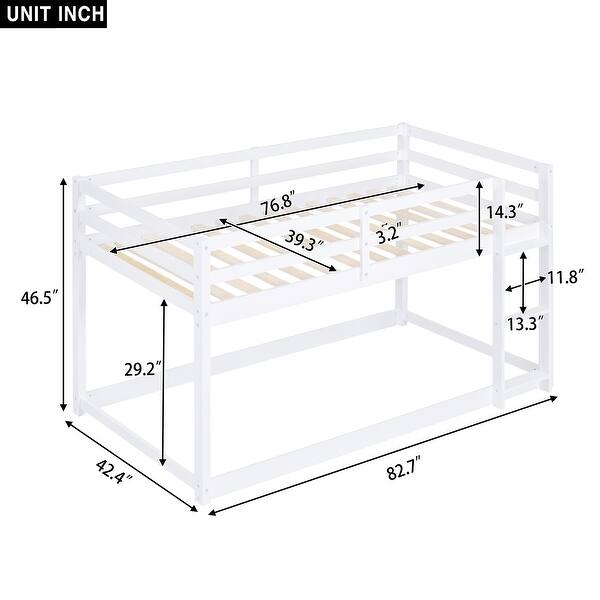 Twin Over Twin Wood Kids Low Bunk Bed with Ladder, Floor Bunk Bed Frame