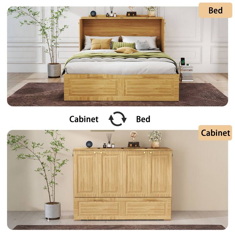 Murphy Bed Cabinet with Charging Port and Storage Drawer, White