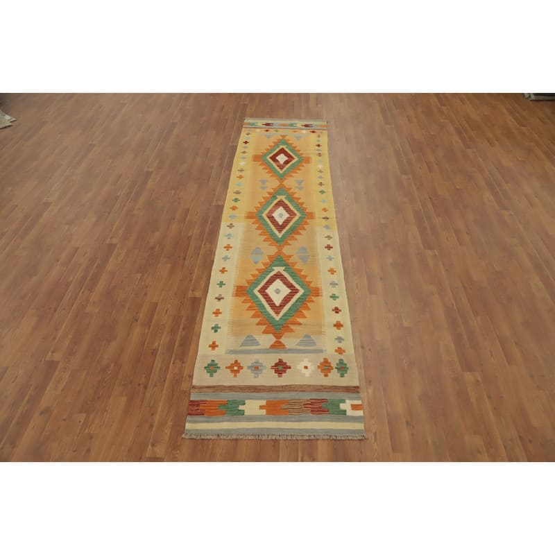Hand Woven Oriental 100% Wool Carpet Southwestern Tribal Oranges & Rust Kilim Runner Rug - 11' 4'' X 2' 9''