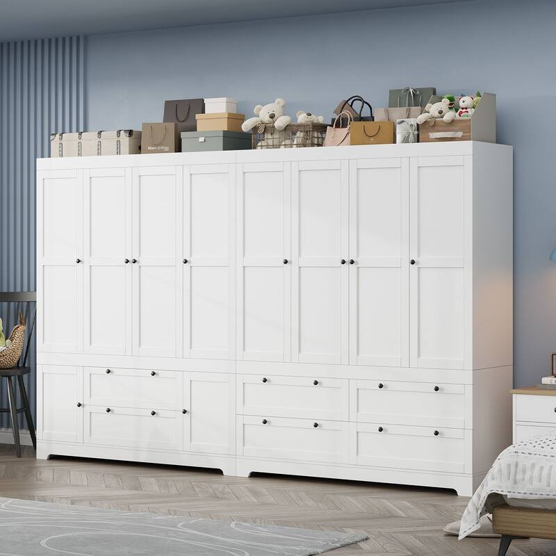 Gyomojoy Large White Wardrobe Closet with Drawers & Doors, Modular Armoire with Hanging Rods, Apartment & Dorm Storage - 8 Door 6 Drawers