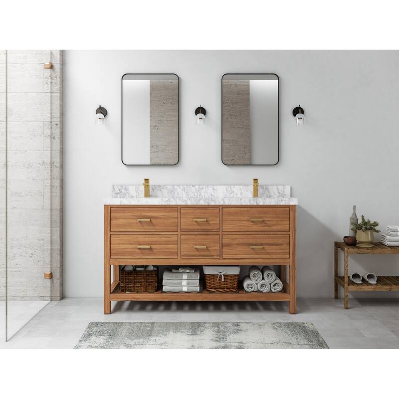 Willow Collections 60 in. W x 22 in. D Parker Solid Teak Double Sink Bathroom Vanity with Countertop
