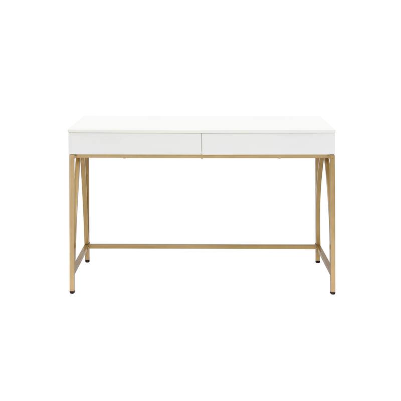 HomeRoots 50" White And Gold Wood and Steel Vanity Table With Two Drawers