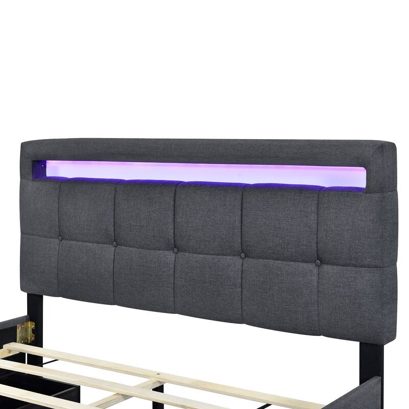 Linen Upholstered Platform Bed Frame with LED Light Headboard & 2 Drawers