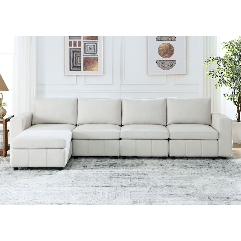 Beige Modular 4-Seater L-Shaped Sectional Sofa with Movable Ottomans ...