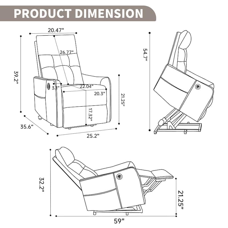 PU Leather Recliner with Single Motor Lift Massage Heat and 155 Degree Recline