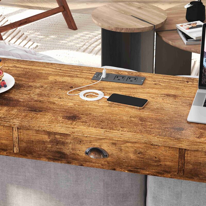 3-Drawer Long Dining Table Set with Power Outlets