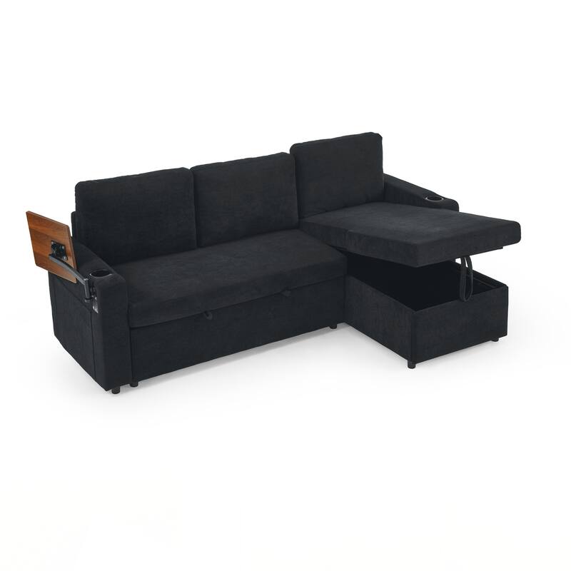 Modern Chenille Multi-functional Pull-Out Bed Sofa with Retractable Table and LED Lighting