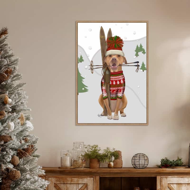 Pitbull Skiing by Fab Funky (23 x 33 in.), Framed Canvas Wall Art Print - Sylvie Beaded Rustic Natural