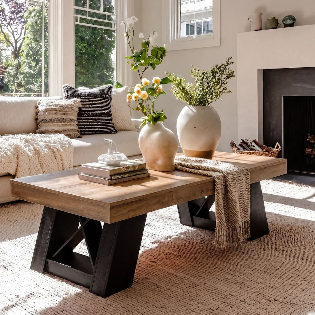 Large Coffee Table for Living Room, Farmhouse Wood Coffee Table, Rectangular Center Table