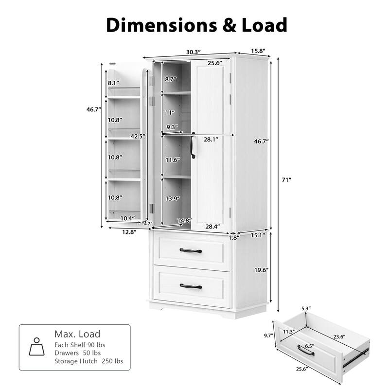 71"Kitchen Pantry Cabinet with 2 Drawers,Embossed Texture Freestanding Cabinet with 8 Door Shelves and 3 Cabinet Shelves