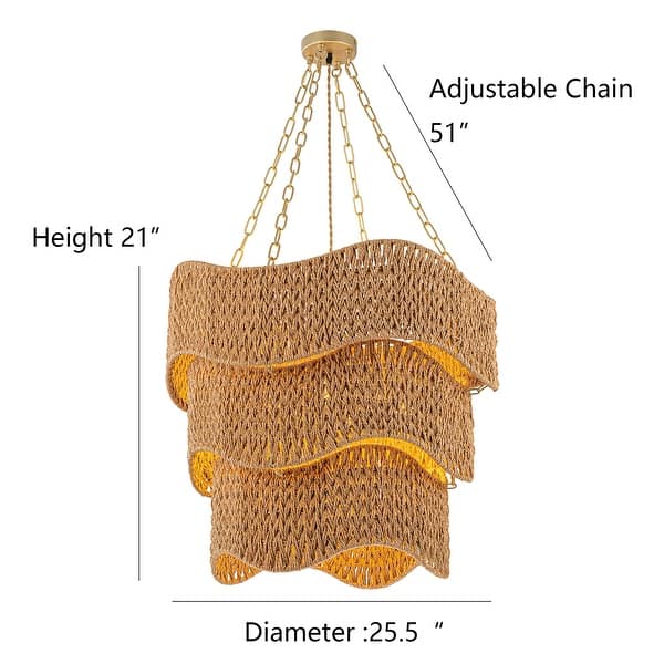 Mira 5-Light 3 Tiers Handwoven Coastal Chandelier in Brass Braided Woven Shade - 25 in.