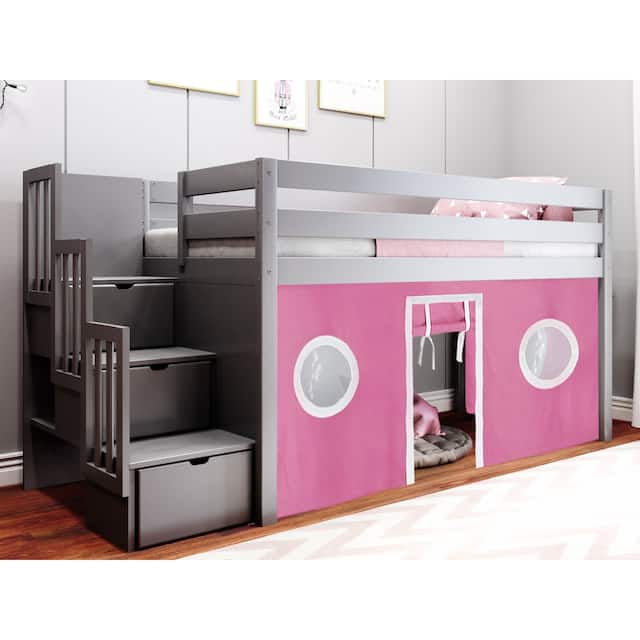 JACKPOT Contemporary Low Loft Twin Bed with Stairway and Tent - Grey with Pink & White Tent