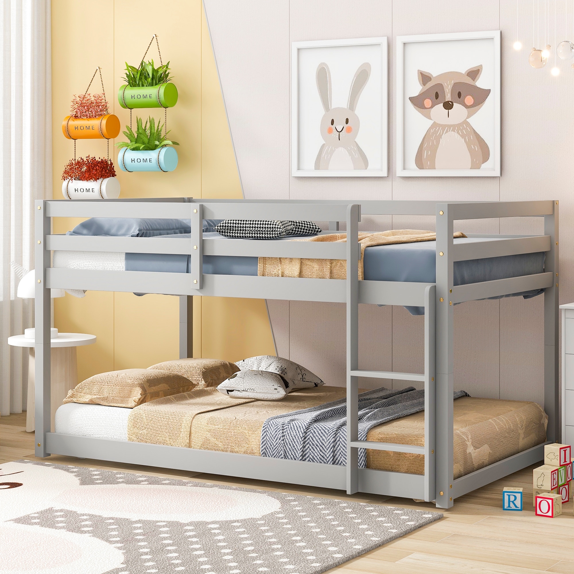 Simple Spacious Twin over Twin Low Height Bunk Bed with Ladder