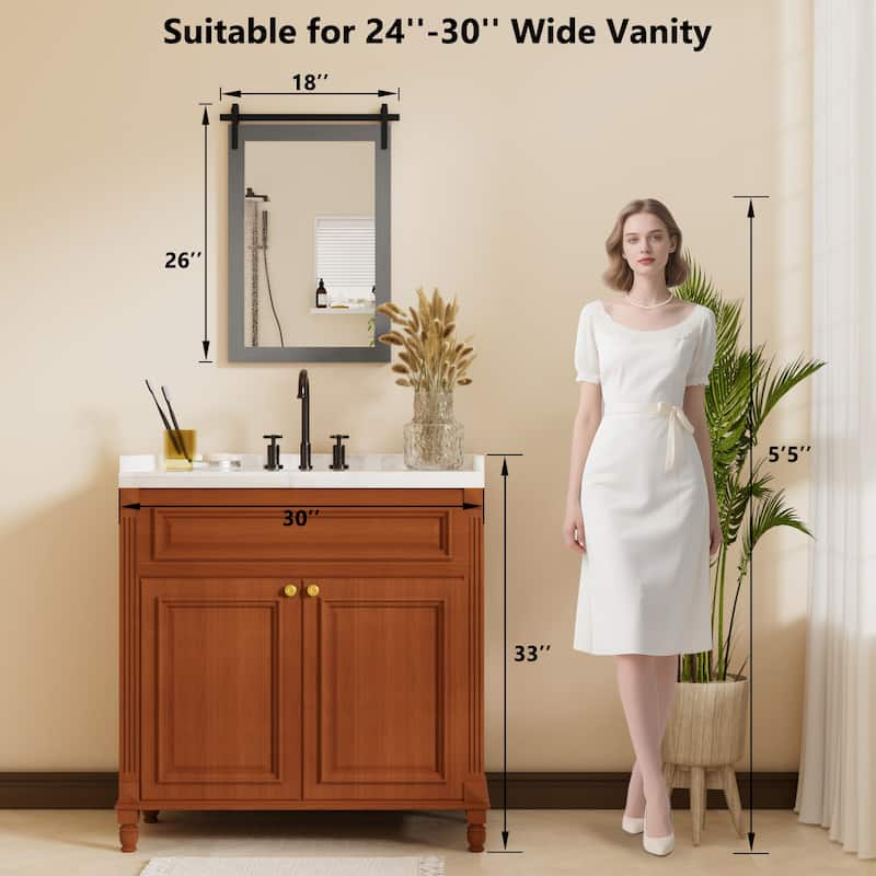 Farmhouse Rectangular Wood Frame Wall Mirror, Rustic Barn Door Bathroom Vanity Mirror