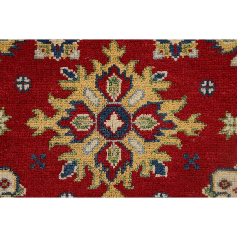 Red Geometric Kazak Foyer Rug Handmade Traditional Wool Carpet - 2'10" x 4'1"