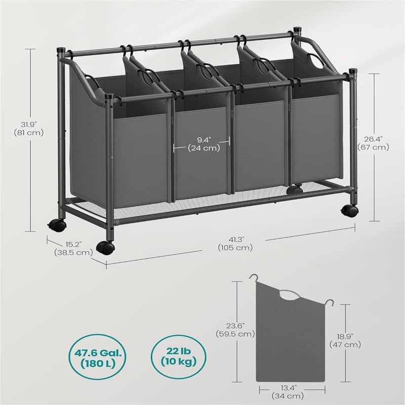 Rolling Laundry Basket with 4 Removable Bags
