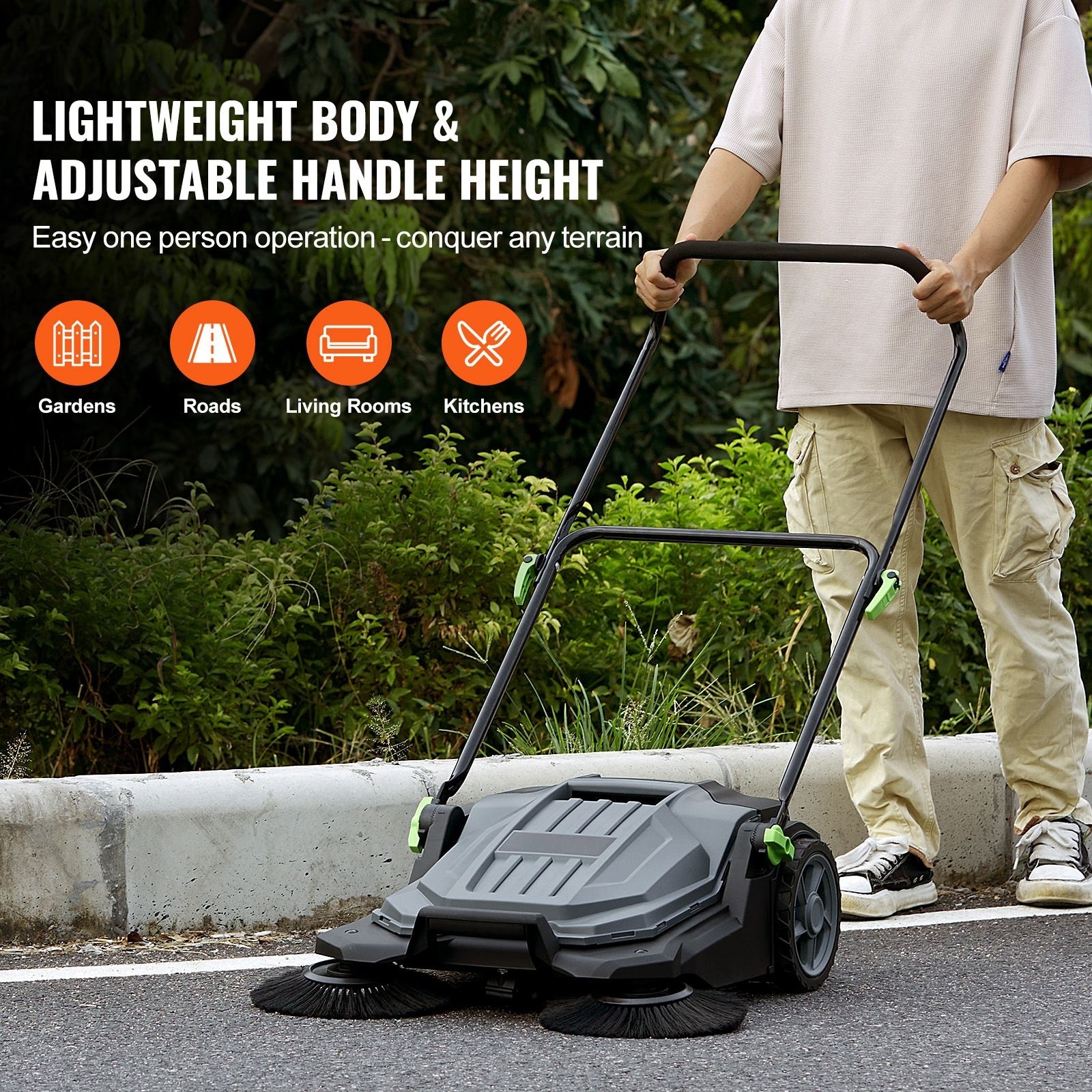 Walk-behind Hand Push Floor Sweeper Angle Height Adjustable Folding Handle