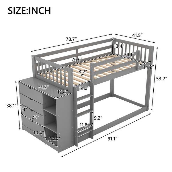 Pine Wood and MDF Twin-over-Twin Bunk Bed with Attached Cabinet and Shelves Storage - Space Saving and Modern Style