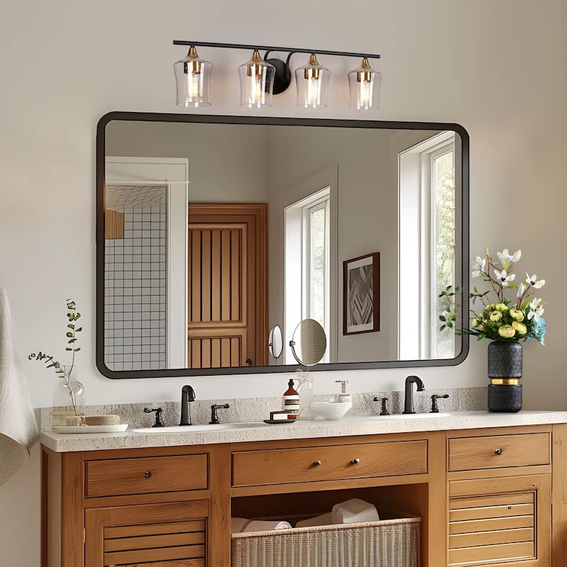Modern Black Gold 2/3/4-Light Linear Bathroom Vanity Lights with Seeded Glass