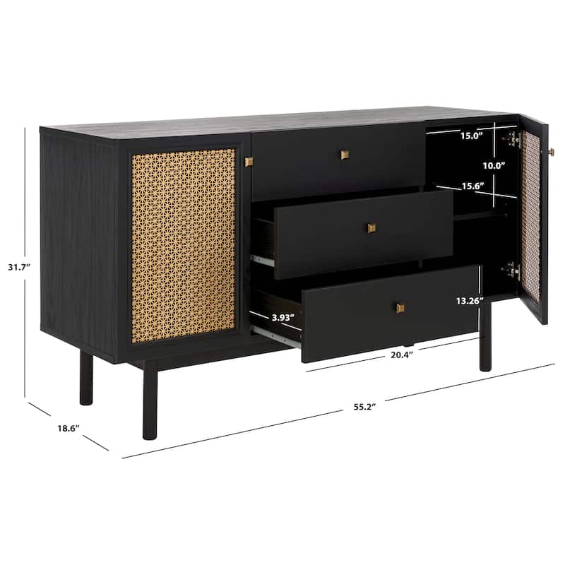 SAFAVIEH Home Piran 2 Door 3 Drawer Sideboard/Media. - 55Wx19Dx32H - Black/Gold.