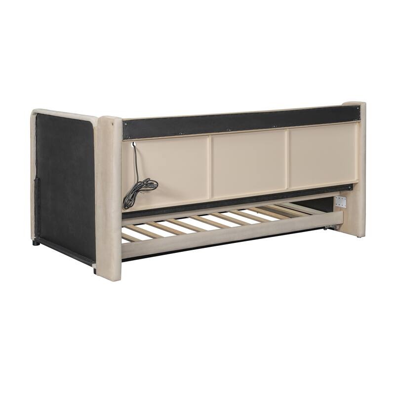 Versatile Upholstered Daybed with Trundle,Storage Shelves,and Integrated Charging Station